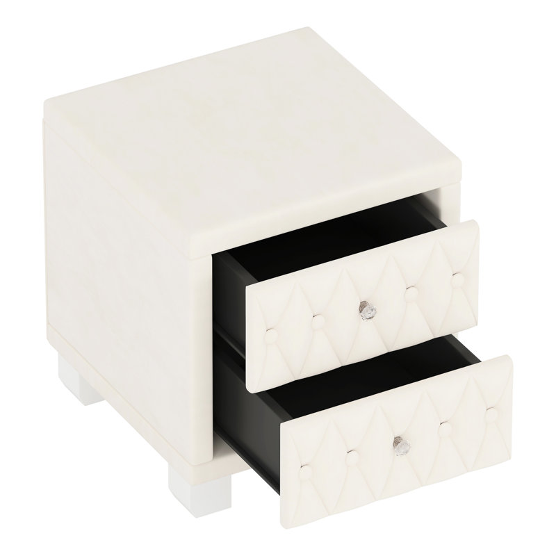 Graceful, Beige, Velvet Bedside Table, 2 Drawers, Crystal - Trimmed Handles, Button Aesthetic, Spacious Storage Exquisite, Knob Luxury, , Functional