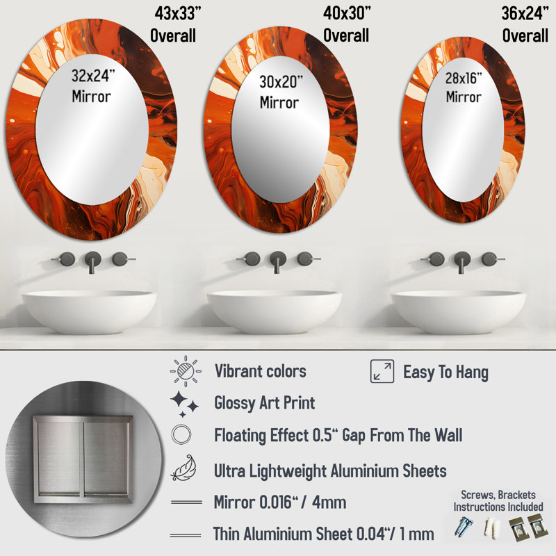 Décor de miroir mural ovale orange en fusion Muse Fiery Flame IV, 40 po x 30 po