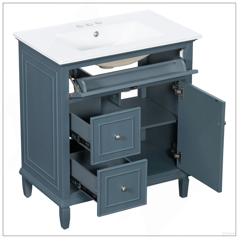 Meuble-lavabo 30 po avec lavabo, meuble-lavabo avec un tiroir rabattable et deux tiroirs, tablette réglable, bois massif et panneau de fibres à densité moyenne, bleu gris