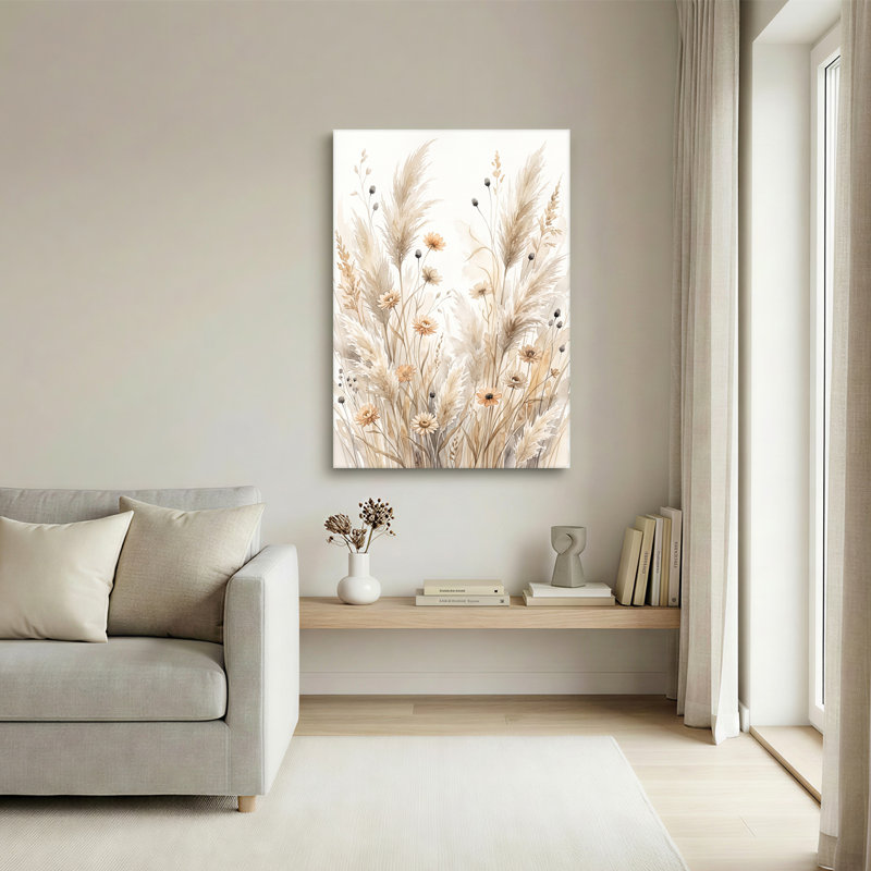 Aquarelle sur toile beige, fleurs sauvages et herbe de la pampa, H 48 po x l 36 po