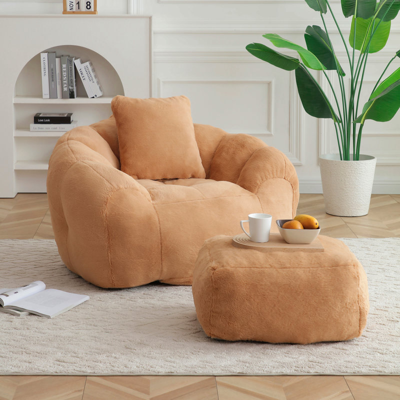 Bean Bag Chair With Footstool, Oversized Bean Bag  For Adults And Kids, Faux Fur Shell-Shaped Large Chair With Filler, Stuffed Big Accent Sofa,  Floor Sofa For Gaming,Reading Living Room Bedroom