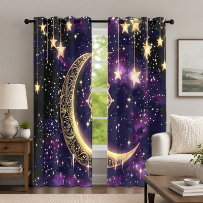 2 pièces de rideaux mauves et dorés en forme de croissant de lune, de drapeaux célestes avec œillets, de galaxie artistique pour la décoration du salon de la chambre à coucher