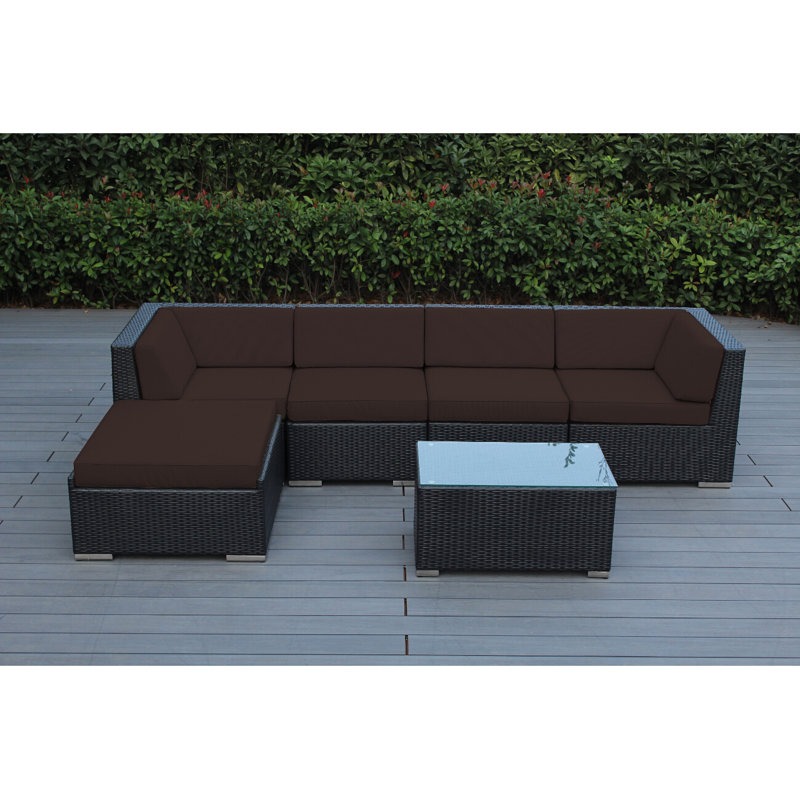 Billyjo Wicker 4 - Person Seating Group with Cushions - No Assembly, Black, Antique Beige Sunbrella® Canvas
