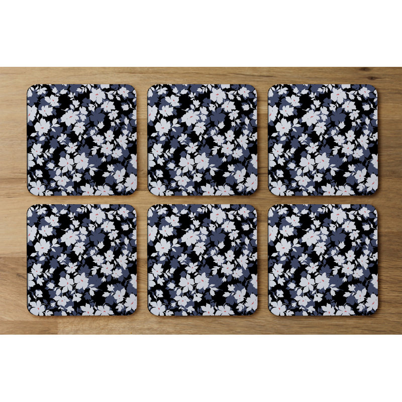 Square 6 Piece Coaster Set, Black/White/Purple