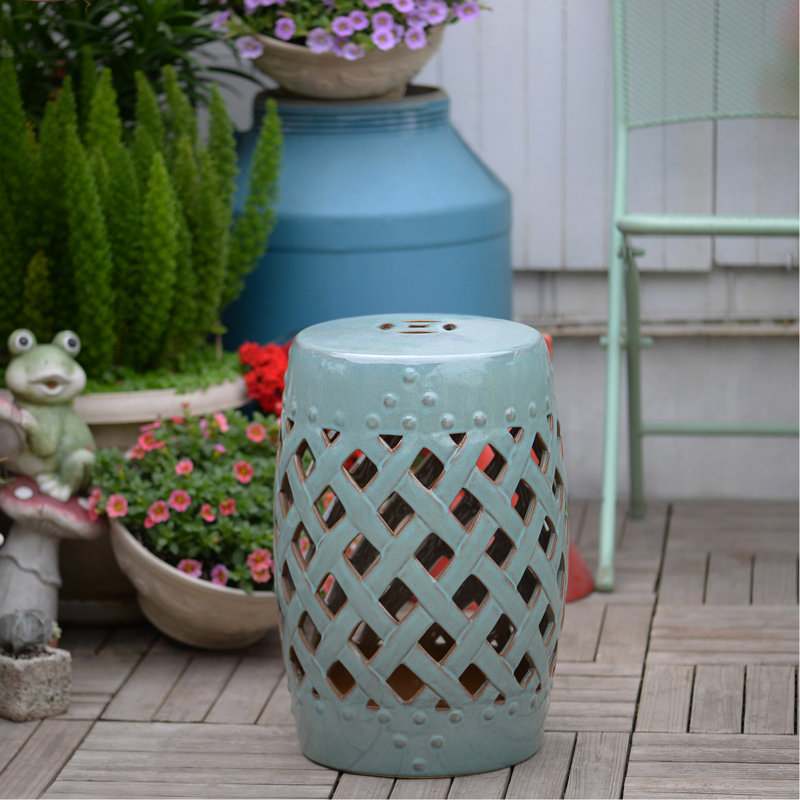 13" X 18" Ceramic Garden Stool With Woven Lattice Design & Glazed Strong Materials Decorative End Table, Antique Blue