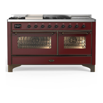 Cuisinière à carburant double de 60 pouces avec 7 brûleurs scellés, plaque chauffante et comptoir bourgogne de Majestic III Series (propane liquide, garniture brunie)