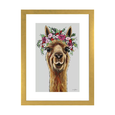 Fiona l'alpaga avec couronne de fleurs sur fond gris par Hippie Hound Studios - impression