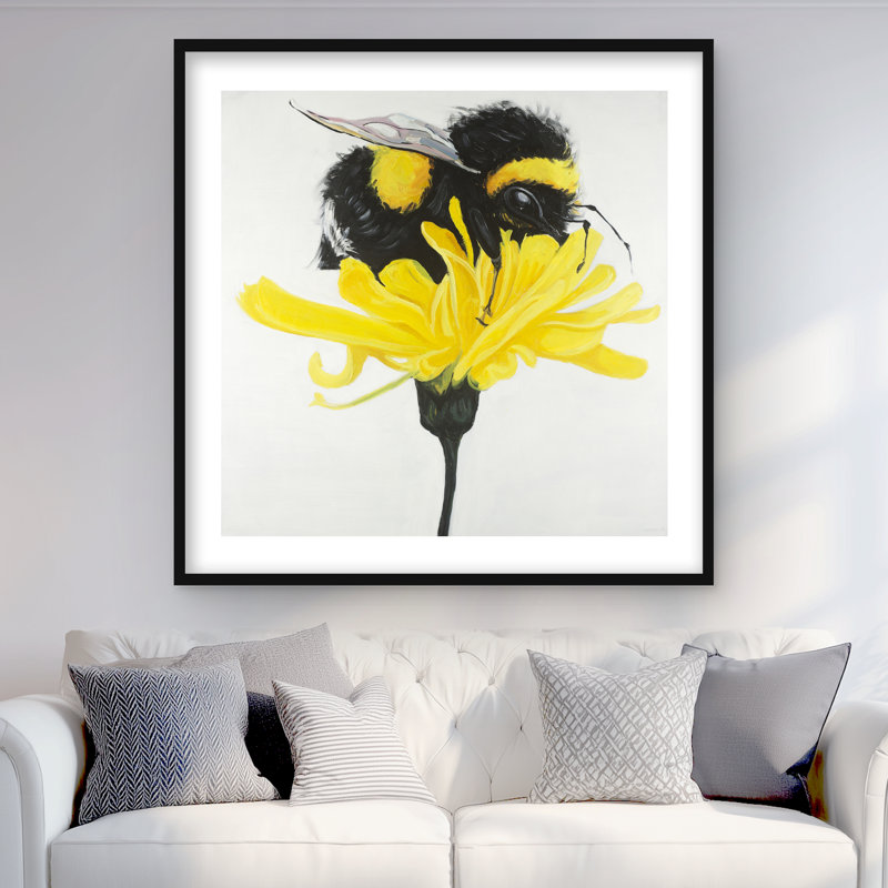 Bumblebee on a Dandelion - Yellow Framed Matted Print Decor