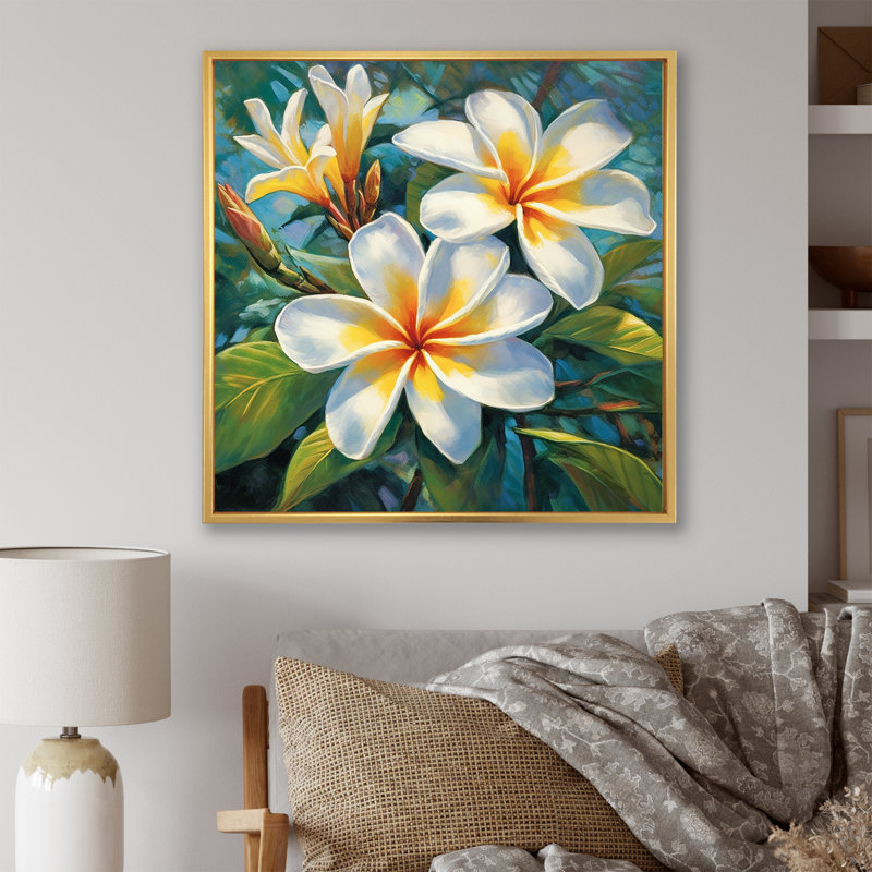 «White Plumeria Symphony Magic», reproduction sur toile encadrée Plumeria, H 24 po x l 24 po x P 1 po, Cadre flottant doré