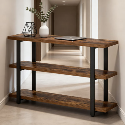 3-Tier Sofa Table With Storage Shelves, Modern Console Table For Entryway, Living Room Or Hallway, Rustic Brown Wood Finish With Metal Frame, 47 Inch