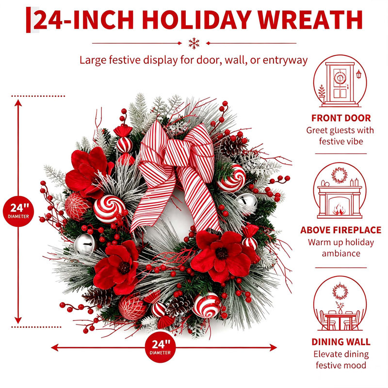 Couronne de Noël 24 po avec arc rouge et blanc pour porte d'entrée, manteau de cheminée et décoration extérieure 24 po