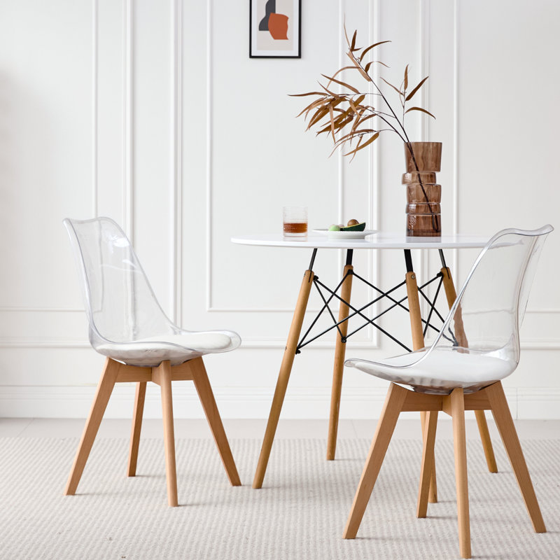 Acrylic Dining Chairs Set of 2, Clear Kitchen Chair with Padded Seat, Solid Wood Legs For Living Room, Home Office, 2, Clear