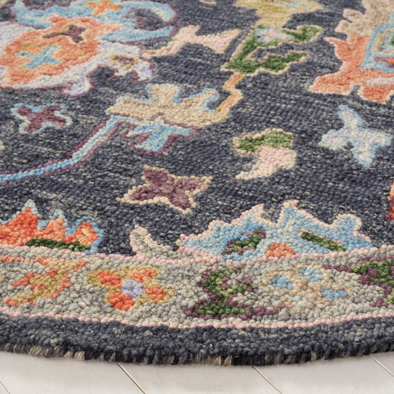 Karlise Hand Tufted Wool/Cotton Oriental Rug in Dark Gray/Sage, Round 6'