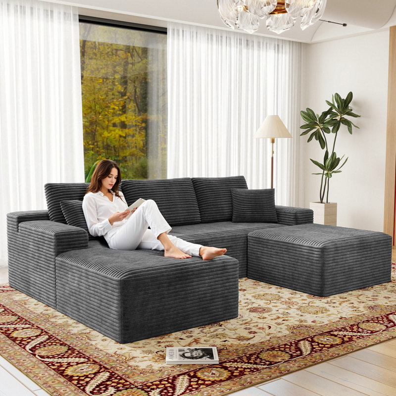 Koli Boneless U-shaped Cloud Sectional Sofa Couch, Compression Modular Sofa, Corduroy, Left Hand Facing, Gray Velvet
