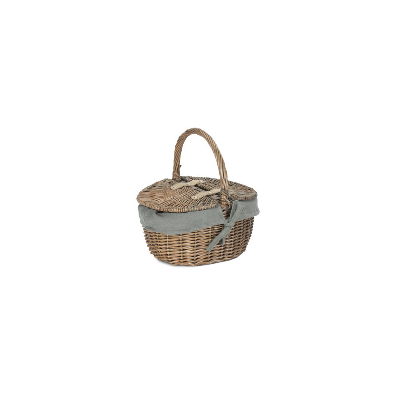 Small Wicker Picnic Basket with Lining, 30cm H x 30cm W x 23cm D, Antique Wash/Grey Lining