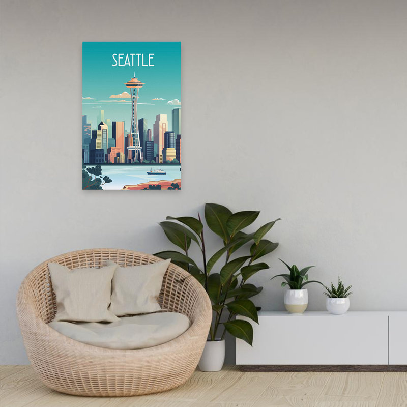 City Sights Seattle - Architecture, bateaux bleus, art brun, H 24 po x l 16 po