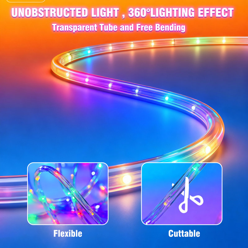 APP-Controlled RGB LED Rope Light, 33-Ft Waterproof Color-Changing Strip with Remote, Music Sync, Timer, and Mounting Kit for Indoor and Outdoor Use