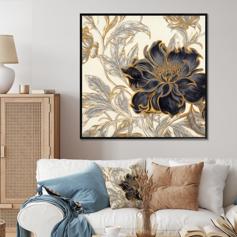 Blue Gold Peony Symphony II sur impression sur toile, H 36 po x l 36 po x P 1,5 po, Cadre flottant noir