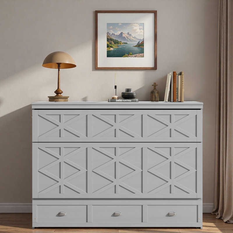Lit escamotable avec grands tiroirs et USB, Gris