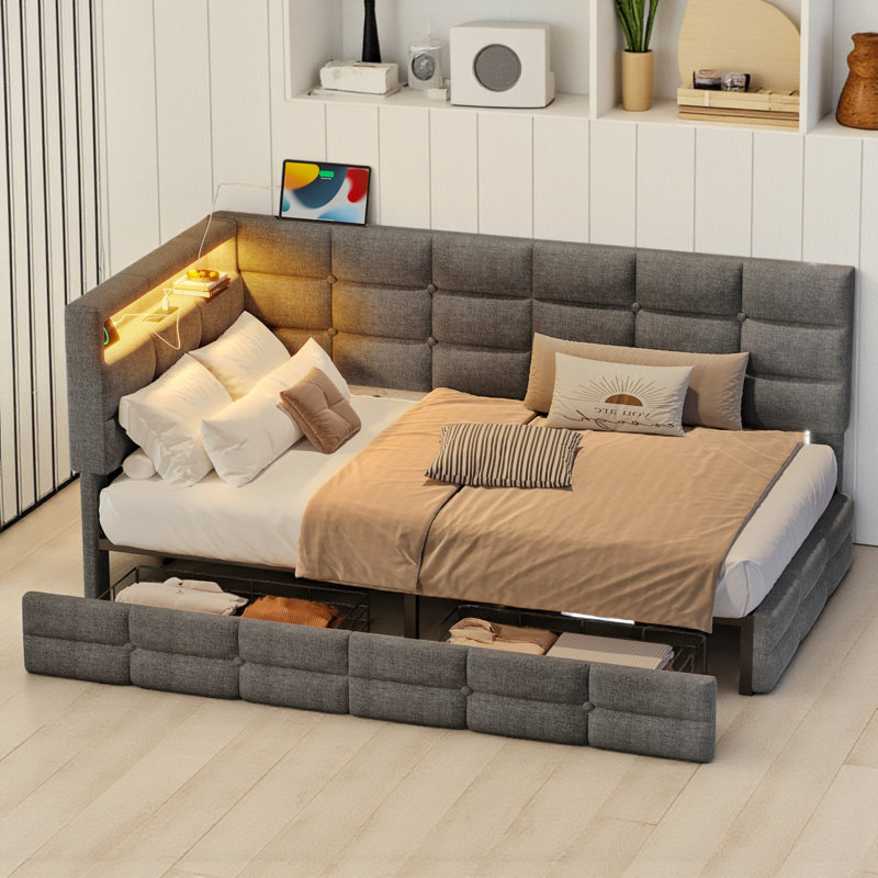 Upholstered Daybed With Storage Drawers, Gray
