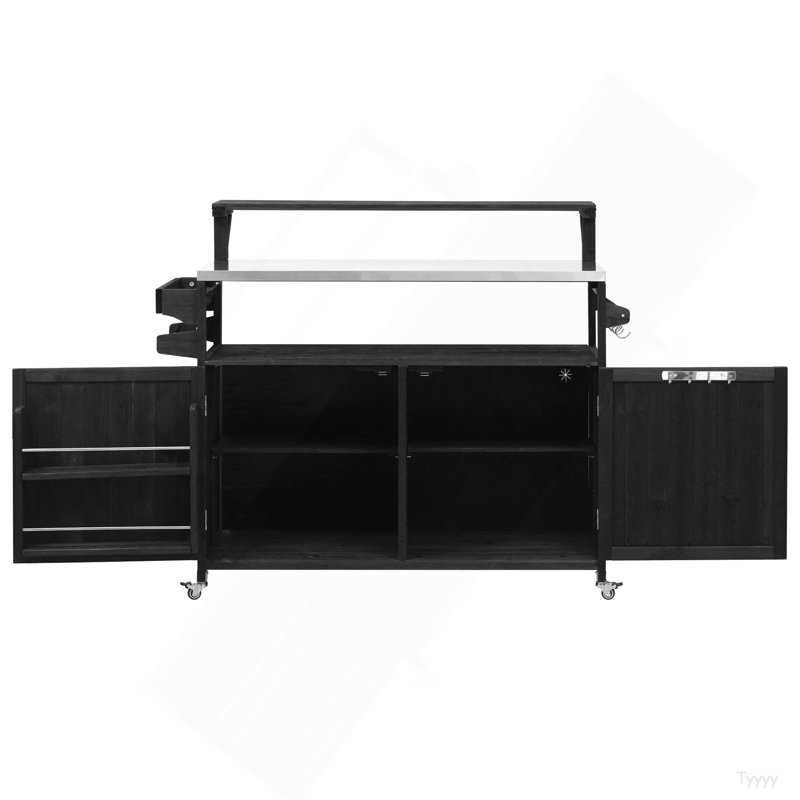 53.3" Outdoor Kitchen Island With Raised Shelf, Solid Wood Storage Cabinet With Stainless Steel Top, Outdoor Rolling Grill Cart With Internal Storage Rack, Adjustable Shelf, Spice Rack