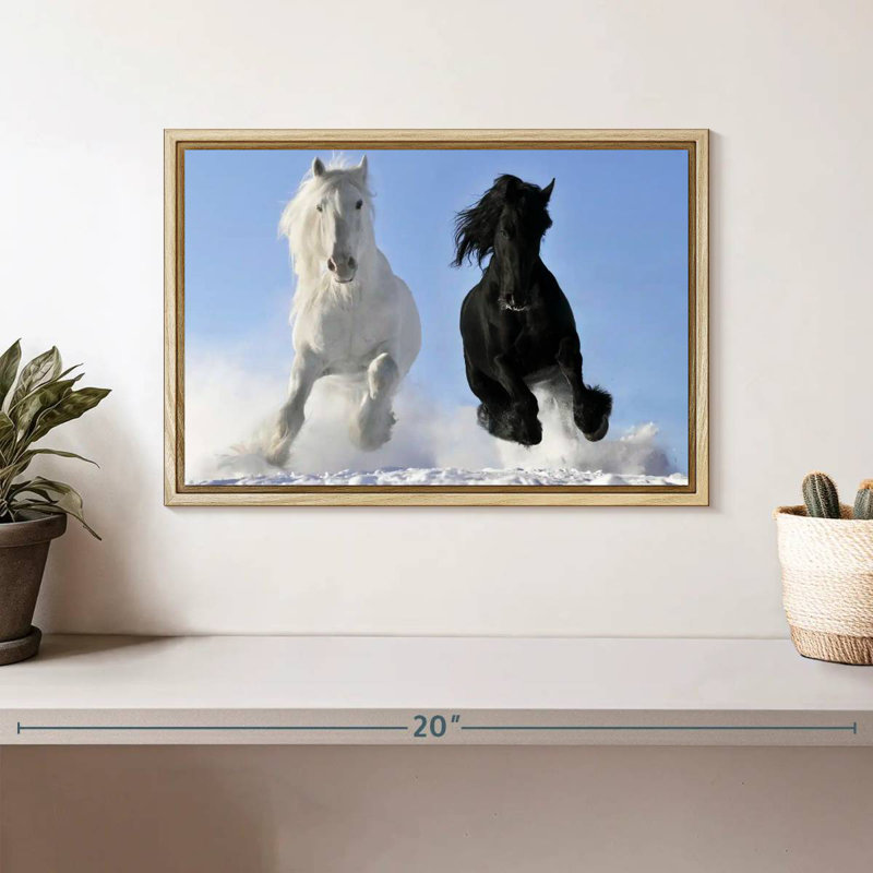 Winter Friesian Horses, Floating Frame Natural Wood, 13" X 9"