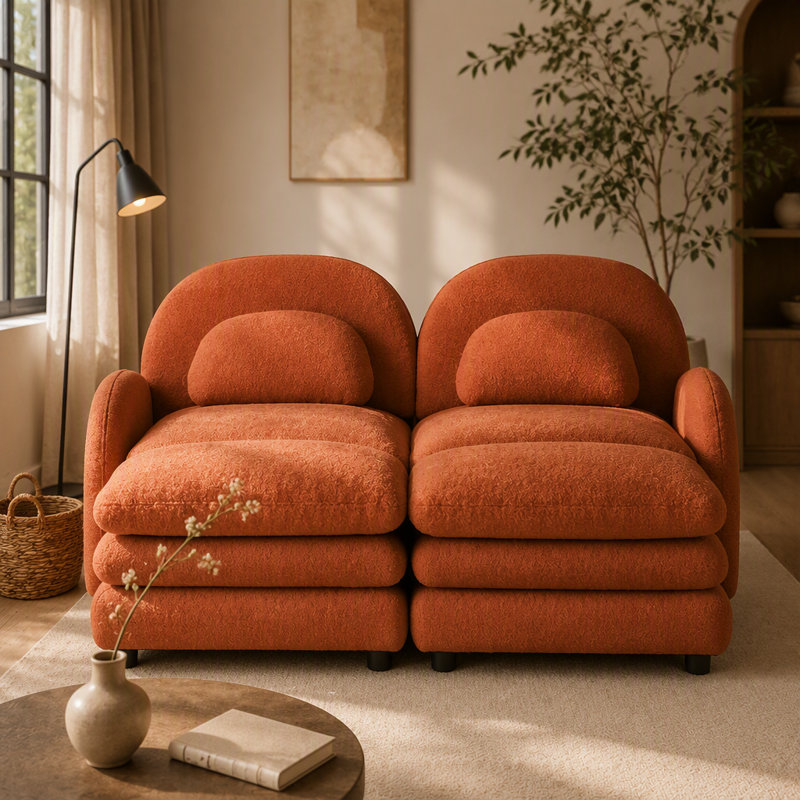 Canapé modulaire 2 places en tissu Teddy avec dossier incurvé, poufs amovibles, coussins à double couche et soutien lombaire ergonomique.