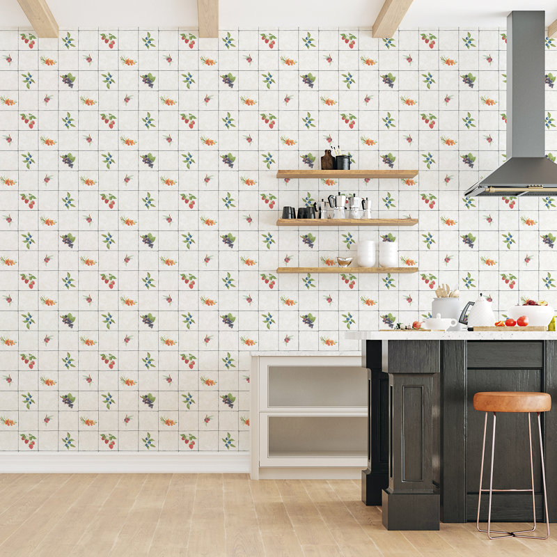 Just Kitchens Fruit Tile Design 33' L x 21" W Wallpaper Roll, Taupe/Red/Blue