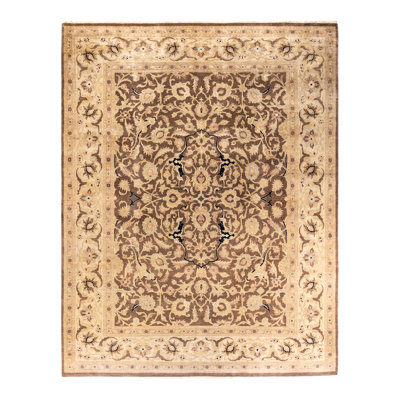 Tapis brun / beige en laine noué à la main de conception unique 9 pi 2 po x 11 pi 10 po New Age