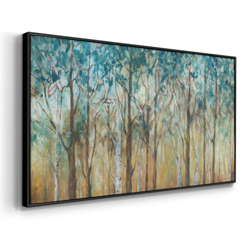 Sunlit Birch Grove - Toile tendue avec châssis encadré - Prêt à accrocher, Noir, H 17 po x l 33 po