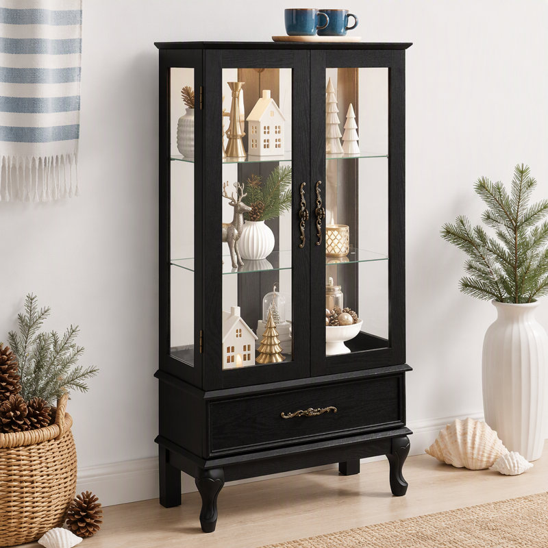 Vitrine lumineuse avec portes vitrées et tablettes réglables Vitrine vitrée à 2 portes avec lumières DEL et fini noir clair et tiroir pour la décoration intérieure et le rangement