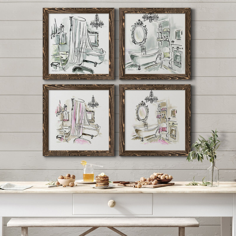 «Opulent Bath I», ensemble de 4 peintures sur toile encadrées, H 71 po x l 71 po x P 1,5 po, Toile avec cadre en noyer