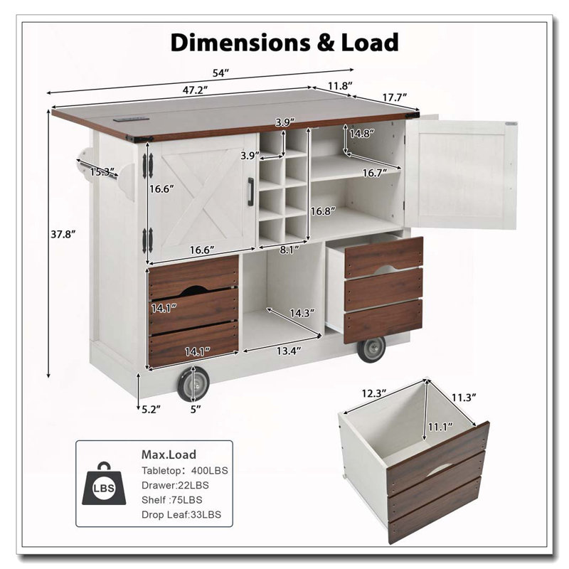 54" Farmhouse Kitchen Island With Drop Leaf, Power Outlet, Kitchen Storage Cart With 2 Doors, 2 Drawers, Rolling Kitchen Island On 4 Large Wheels With Spice Rack For Kitchen, Dining Room