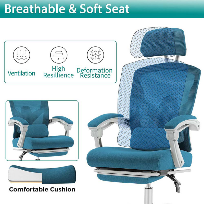 Home Game Chairs With Footrest, High-Back Mesh Rolling Swivel Reclining Chairs With Wheels, Comfortable Headrest, Lumbar Support, Comfy Arms For Home, Game Chairs, Student, Blue