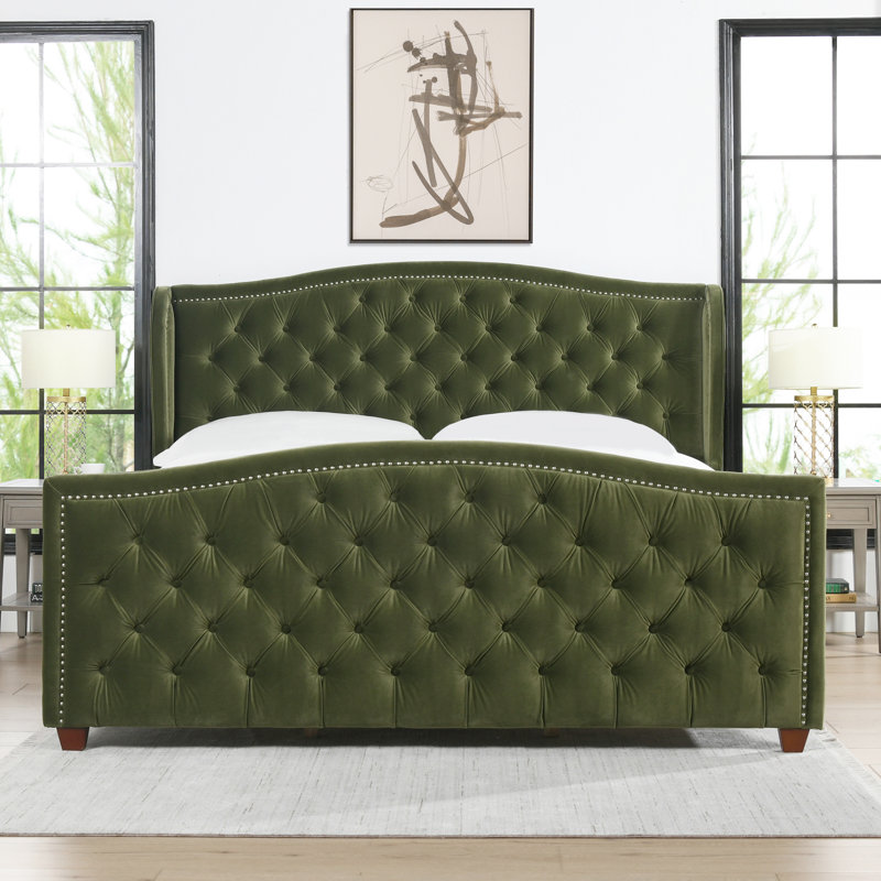 Coleman Upholstered Wingback Bed, King, Olive Green Velvet