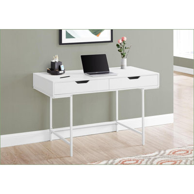 Desks: 48”L Computer Desk for Home Office with 2 Storage Drawers, Contemporary Brown Laminate, Black Metal Base | Particle Board | Brown