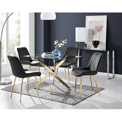 Lenworth Modern Metal and Glass Dining Table Set with 4 Velvet Upholstered Dining Chairs