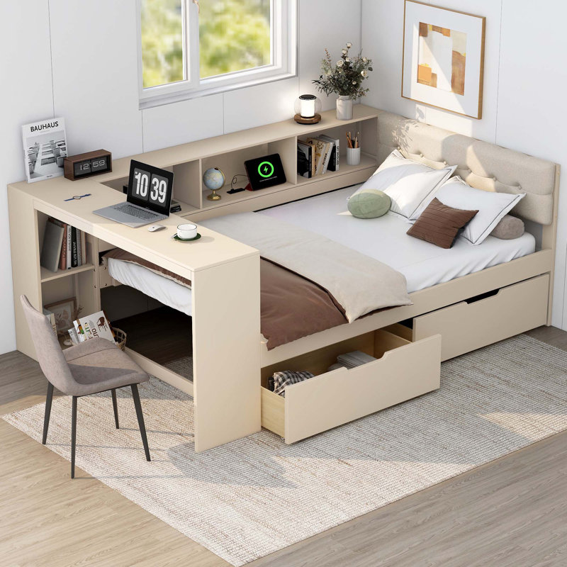 Lit plateforme en bois avec tablettes de rangement, tiroirs, station de charge et tête de lit tapissier, Lit double