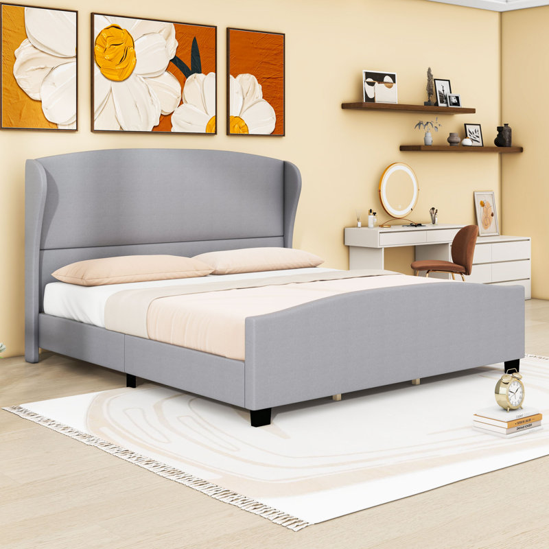 Upholstered Platform Bed with Headboard, King, Gray
