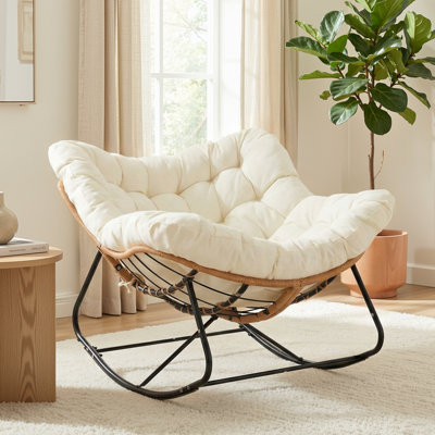 Indoor & Outdoor Papasan Rocking Chair, Oversized Padded Lounge Rocker With Cushion, Comfy Wicker Egg Lounge Chair, Large Indoor Rocking Recliner For Living Room/Porch/Garden(ottoman not included)(Beige)