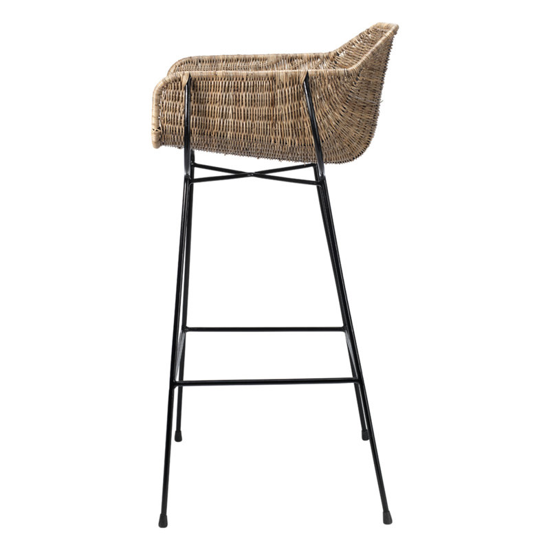 Woven Rattan and Black Metal Bohemian Bar Stool