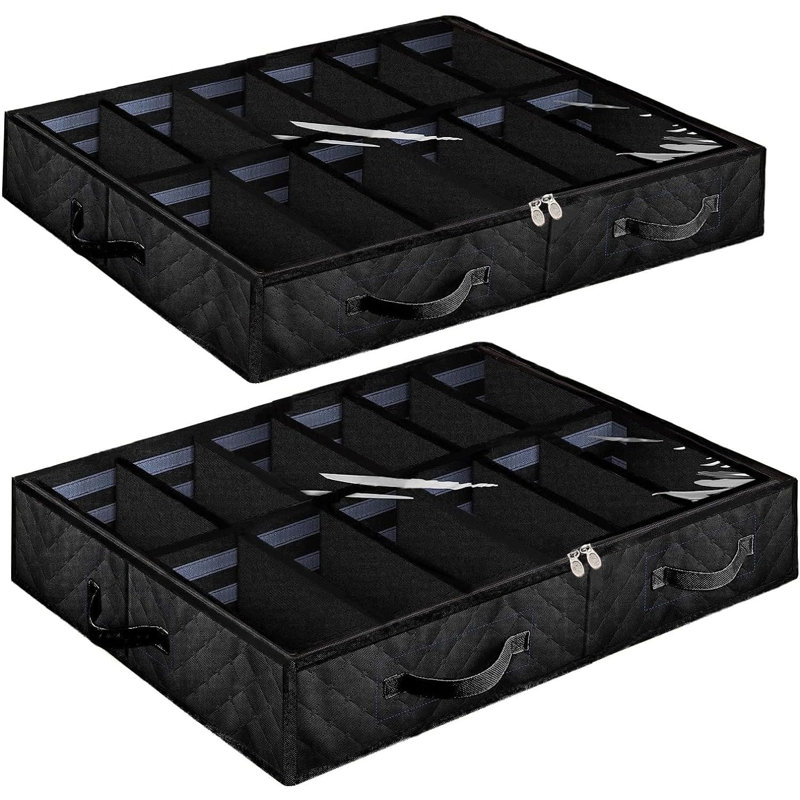 Rangement pour chaussures sous le lit, ensemble de 2, structure robuste, séparateurs réglables, poignée renforcée, fermeture à glissière robuste, avec fenêtre transparente, respirant, noir