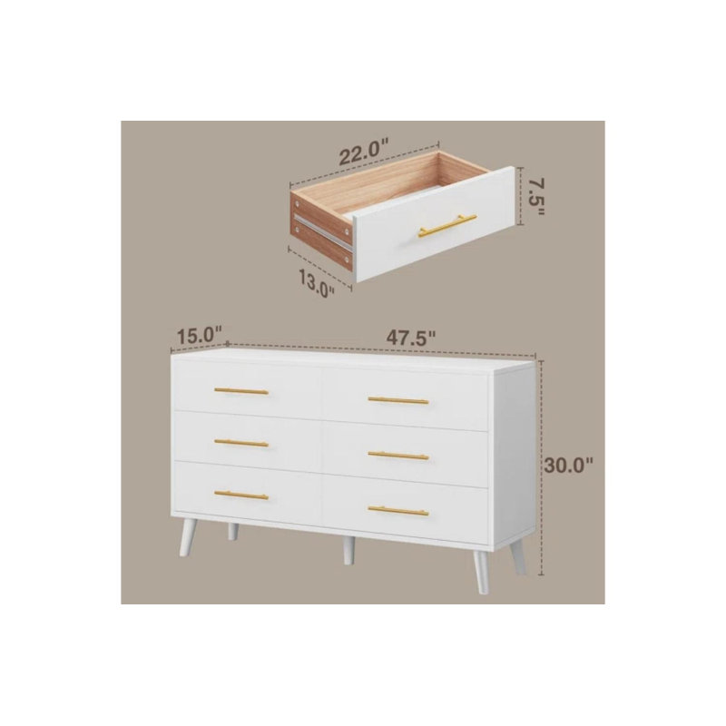 Commode double 47,3 po en bois moderne avec 6 tiroirs pour le rangement de la chambre à coucher, White