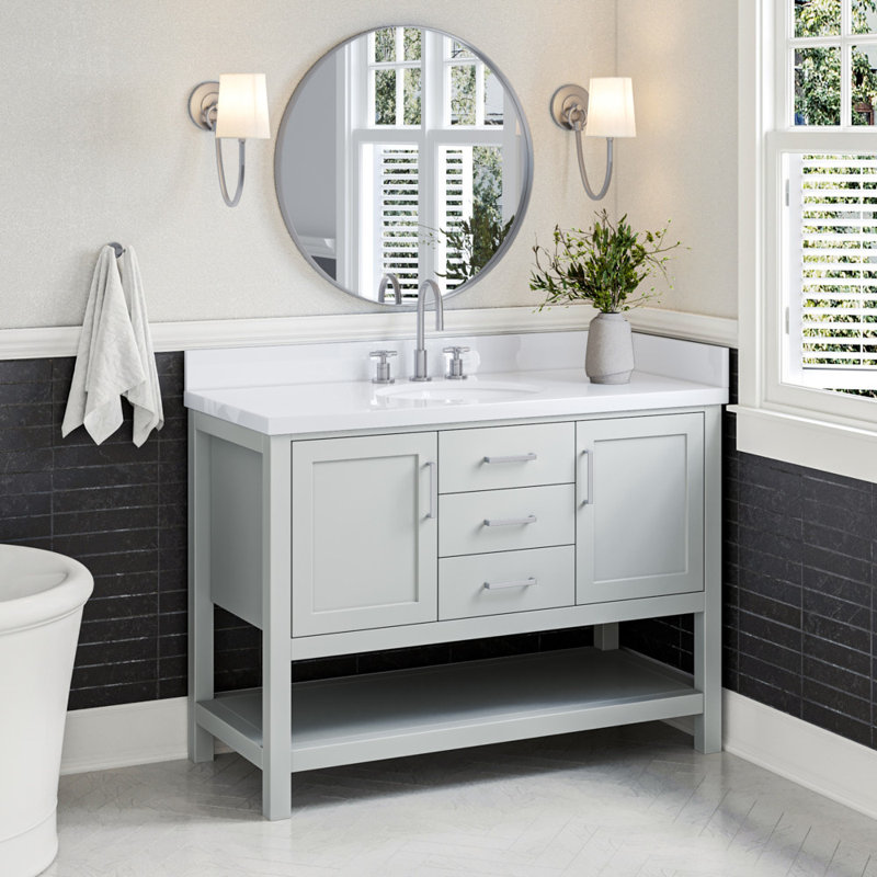 61'' Single Bathroom Vanity with White Quartz Top, Gray, Oval