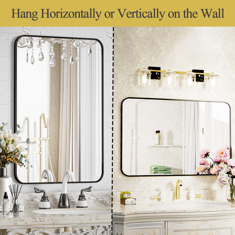 Jyun Safely Rounded Rectangle Metal Bathroom Mirror, Matte Black, 19" x 27"