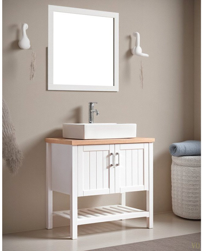 Meuble-lavabo 32 po avec lavabo, meuble-lavabo simple avec portes et tablette ouverte, petit meuble-lavabo en bois massif avec lavabo, pour salle de bain