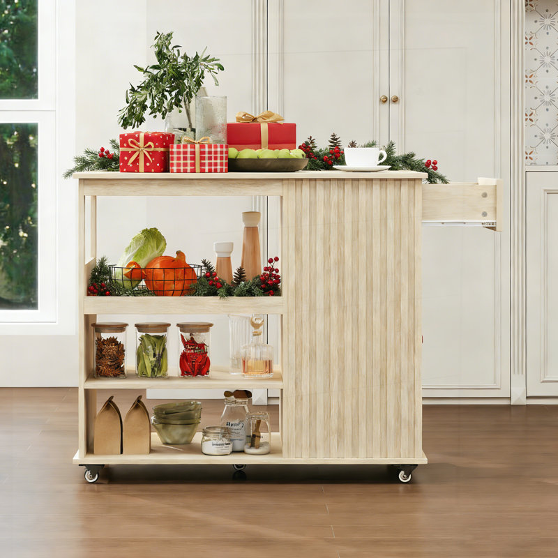 Chariot roulant pour îlot de cuisine avec support à vin, tiroir de rangement, tablettes réglables et roulettes verrouillables pour une utilisation multifonctionnelle.
