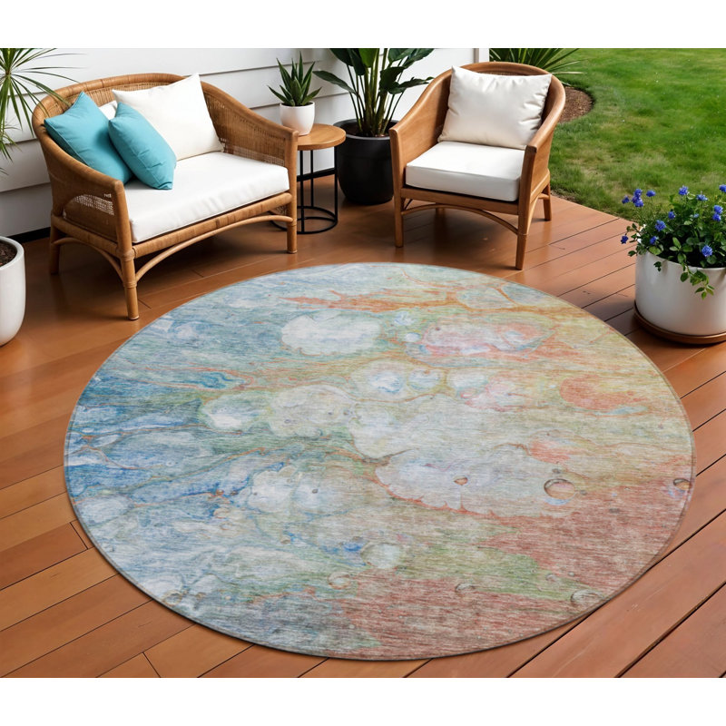 Tapis intérieur rond lavable abstrait bleu cuivré 8 pi