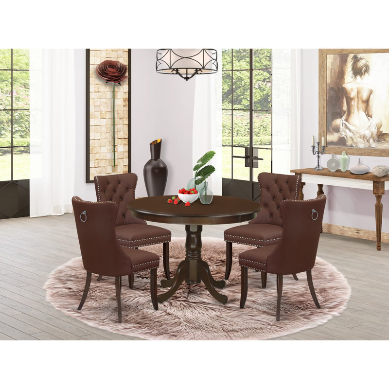 Ensemble de 5 pièces avec table de cuisine ronde avec piédestal et 4 chaises Parson, acajou, Brun