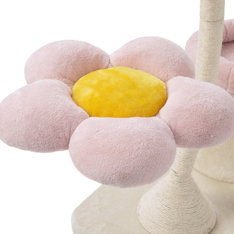Tour à chat multi-niveaux à thème floral pour chats d'intérieur, comprenant un arbre beige rose, un noyau suspendu et une tige stable avec base stable, 3 plateformes, tubes métalliques enveloppés